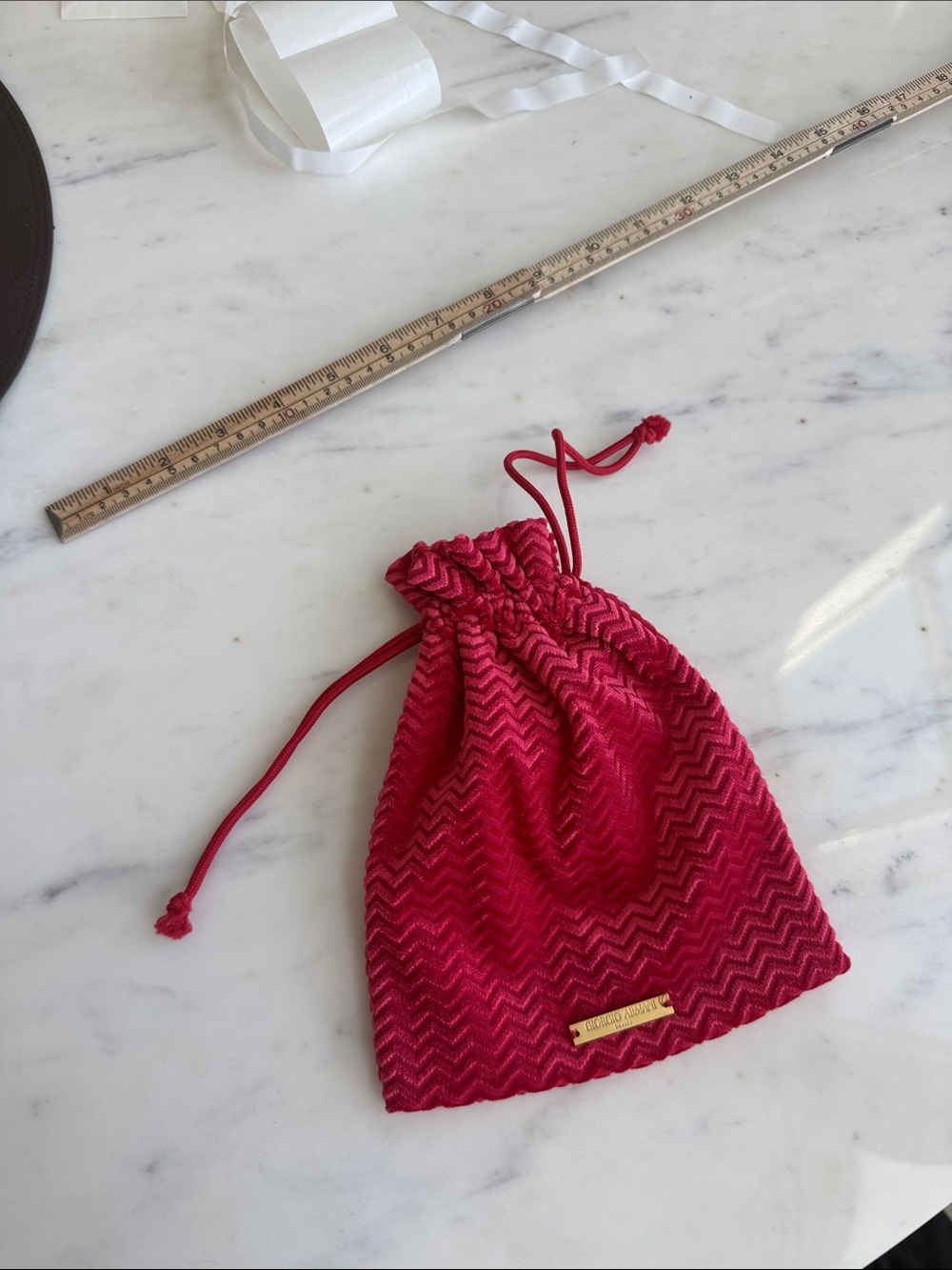 Giorgio Armani Red Velvet Chevron Drawstring Pouch with Gold Logo